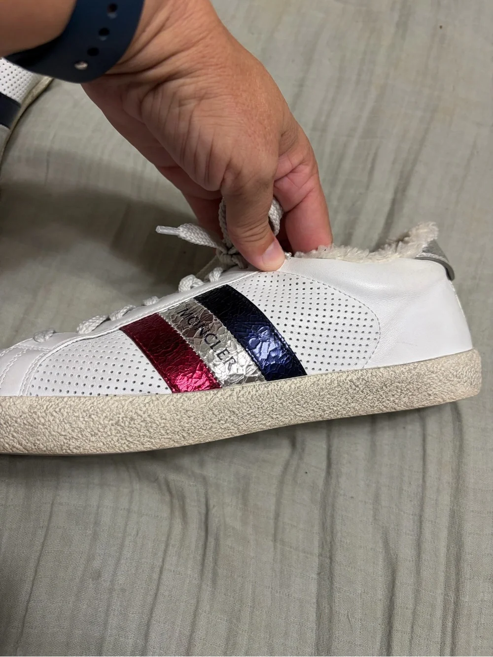 Moncler Ryegrass White Leather Sneaker with Red, Silver & Blue Metallic Stripes